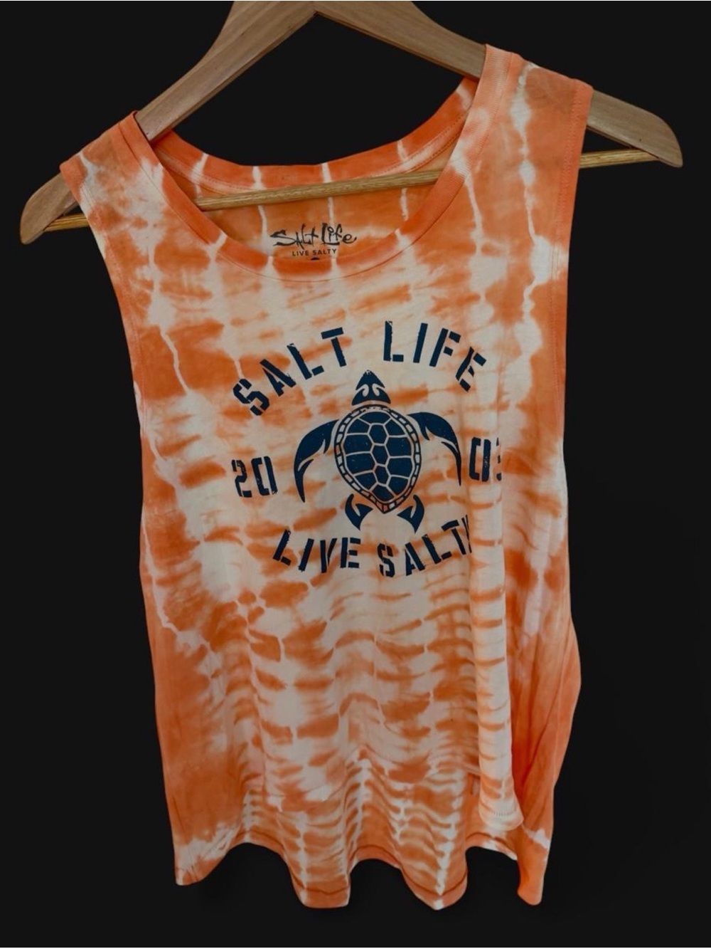 Salt Life Women's Orange and White Tie-Dye Tank with Navy Turtle Graphic
